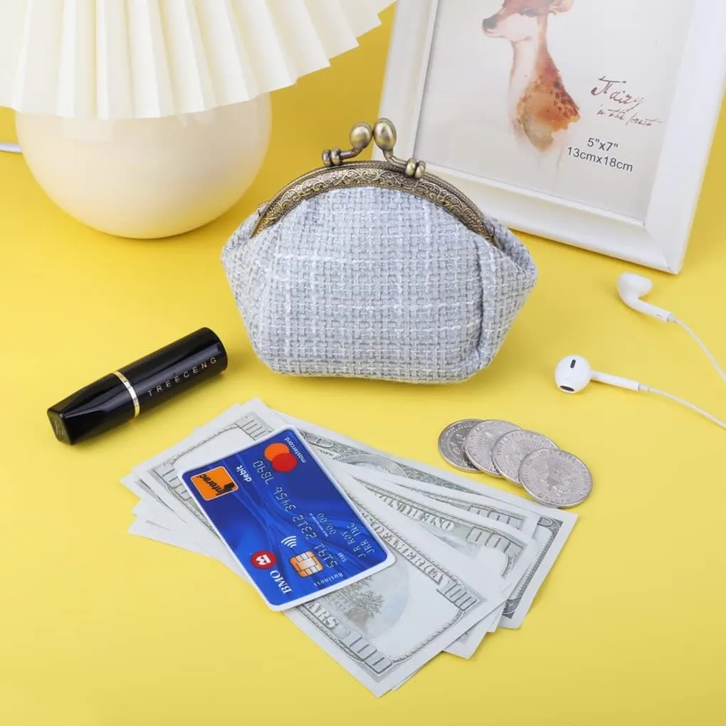 Oyachic Cute Buckle Coin Purses,Plaid Tweed Change Pouch,Vintage Kiss Lock Wallets for Women Girls
