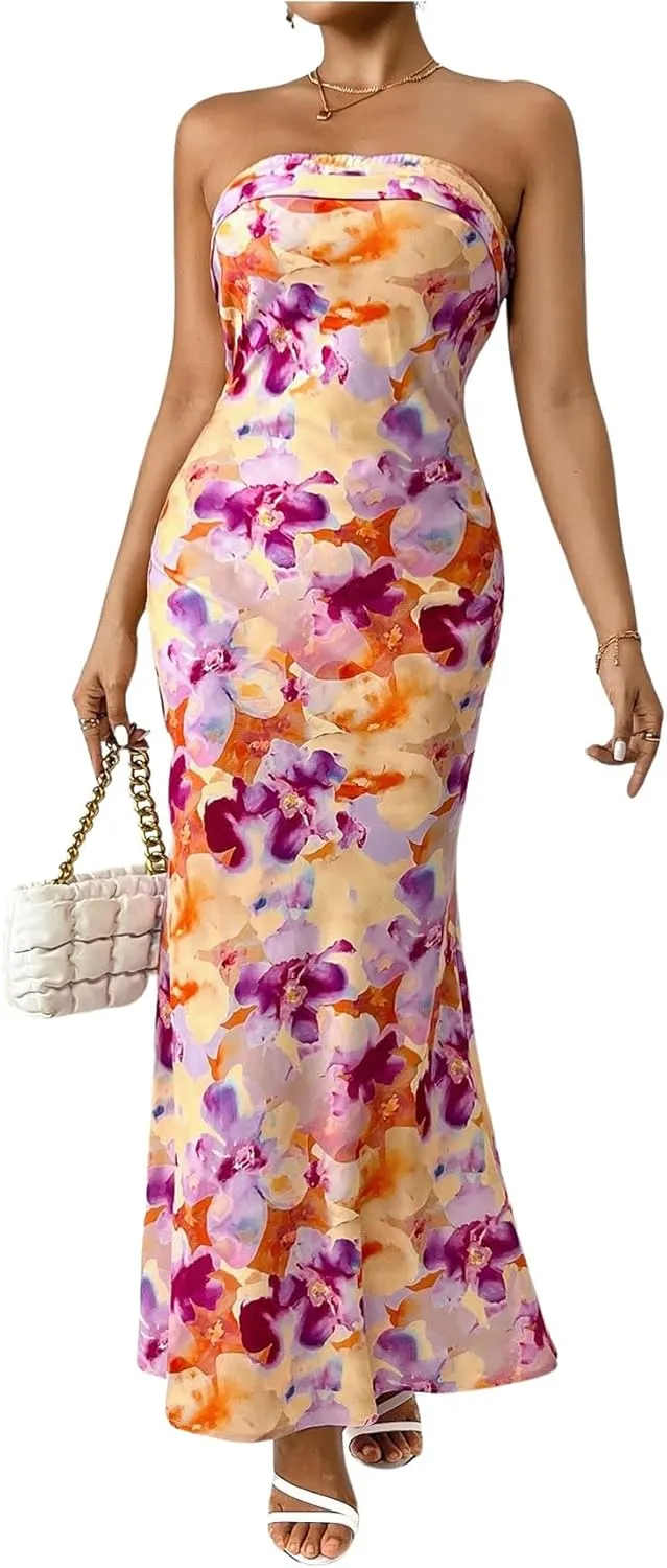 OYOANGLE Women's Floral Print Sleeveless Strapless Draped Backless Bodycon Summer Maxi Tube Dress