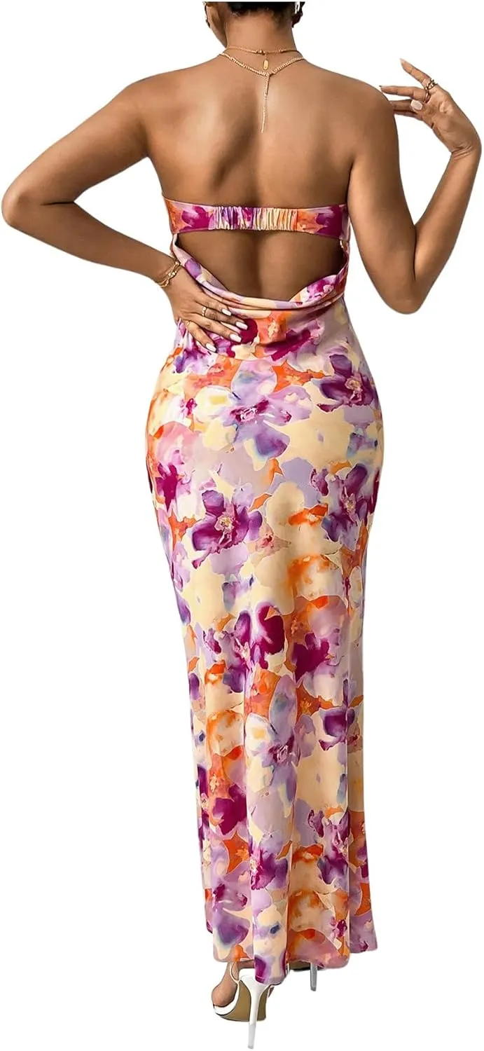 OYOANGLE Women's Floral Print Sleeveless Strapless Draped Backless Bodycon Summer Maxi Tube Dress