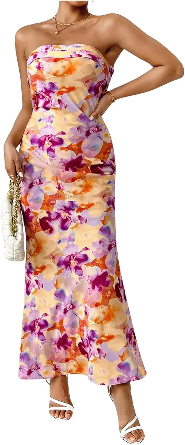 OYOANGLE Women's Floral Print Sleeveless Strapless Draped Backless Bodycon Summer Maxi Tube Dress