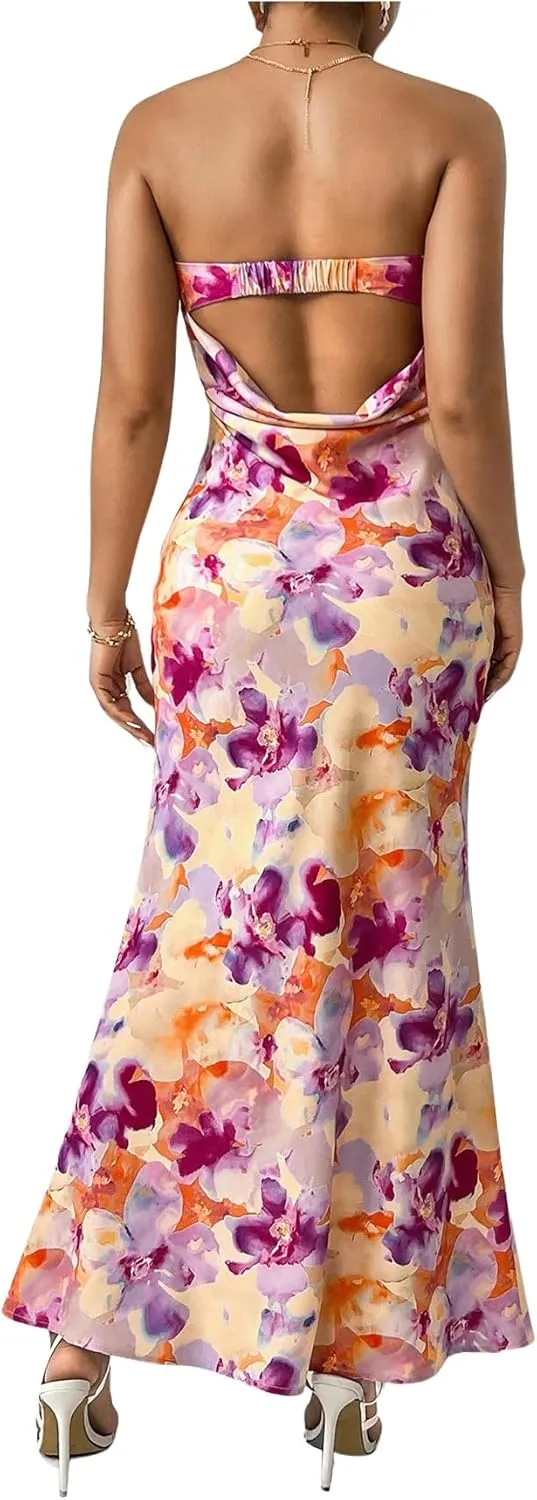 OYOANGLE Women's Floral Print Sleeveless Strapless Draped Backless Bodycon Summer Maxi Tube Dress