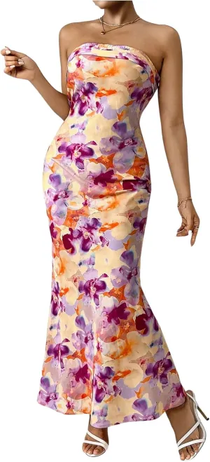 OYOANGLE Women's Floral Print Sleeveless Strapless Draped Backless Bodycon Summer Maxi Tube Dress