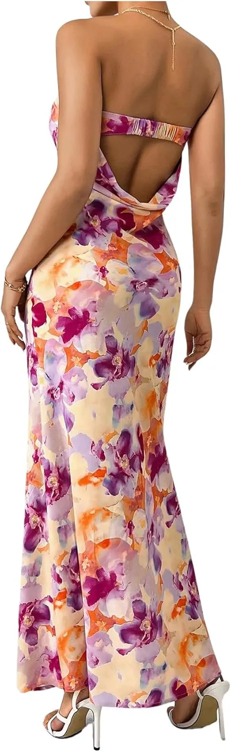 OYOANGLE Women's Floral Print Sleeveless Strapless Draped Backless Bodycon Summer Maxi Tube Dress