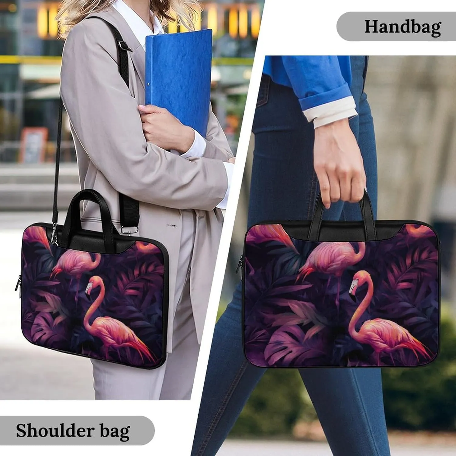 Passion Flamingos Tropical Plants Leather Bag Laptop Case Slim Water Resistant Computer Bags with Handle Briefcase for Work