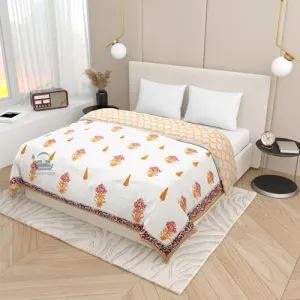 PINAARAS INTERIOR Hand Block Prints Cotton Single Bed Quilts/Razai/Rajai - Yellow (60X90 INCHES)