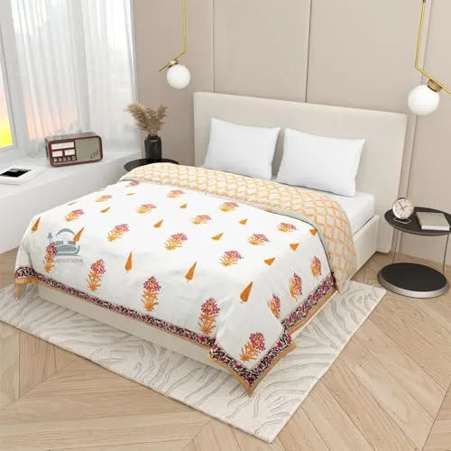 PINAARAS INTERIOR Hand Block Prints Cotton Single Bed Quilts/Razai/Rajai - Yellow (60X90 INCHES)