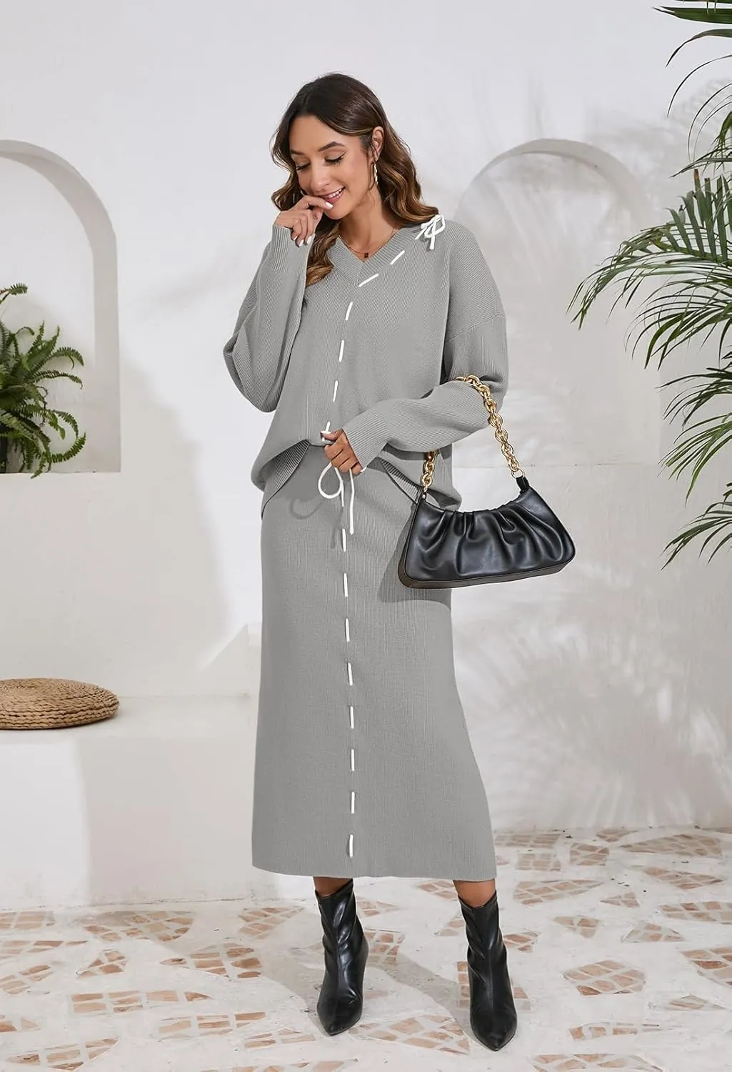 Pink Queen 2024 Women's 2 Piece Sweater Set V Neck Rib Knit Long Sleeve Maxi Bodycon Skirt Casual Outfits