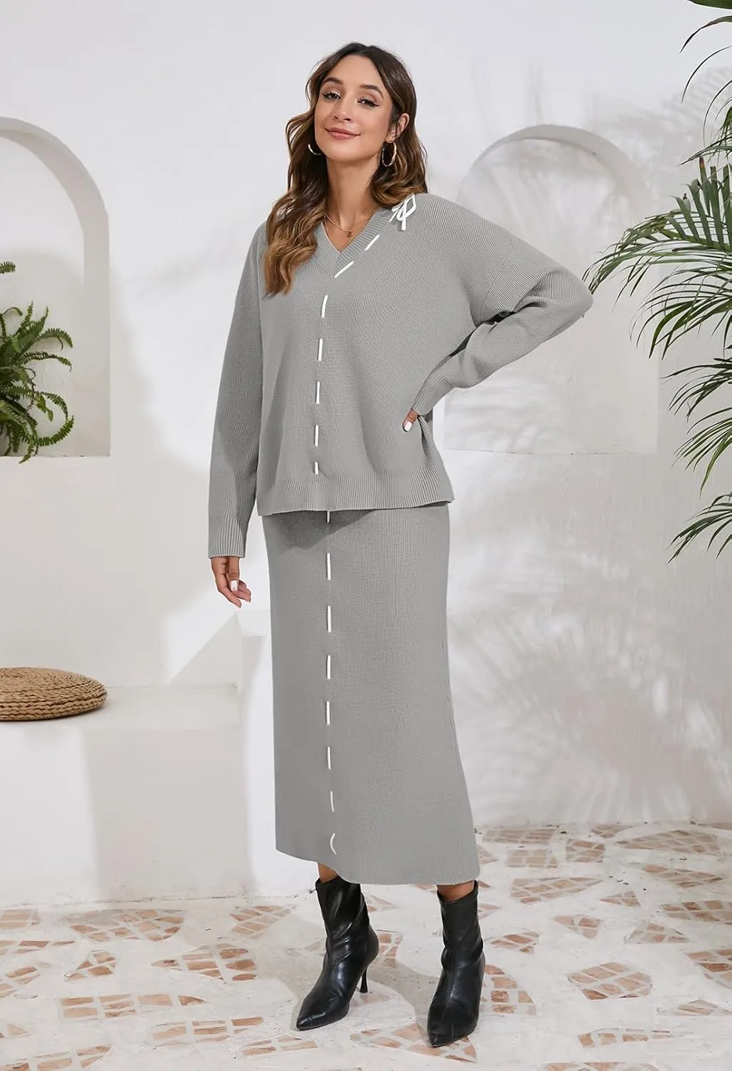 Pink Queen 2024 Women's 2 Piece Sweater Set V Neck Rib Knit Long Sleeve Maxi Bodycon Skirt Casual Outfits