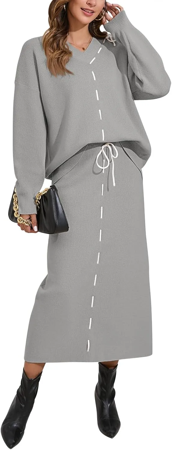 Pink Queen 2024 Women's 2 Piece Sweater Set V Neck Rib Knit Long Sleeve Maxi Bodycon Skirt Casual Outfits