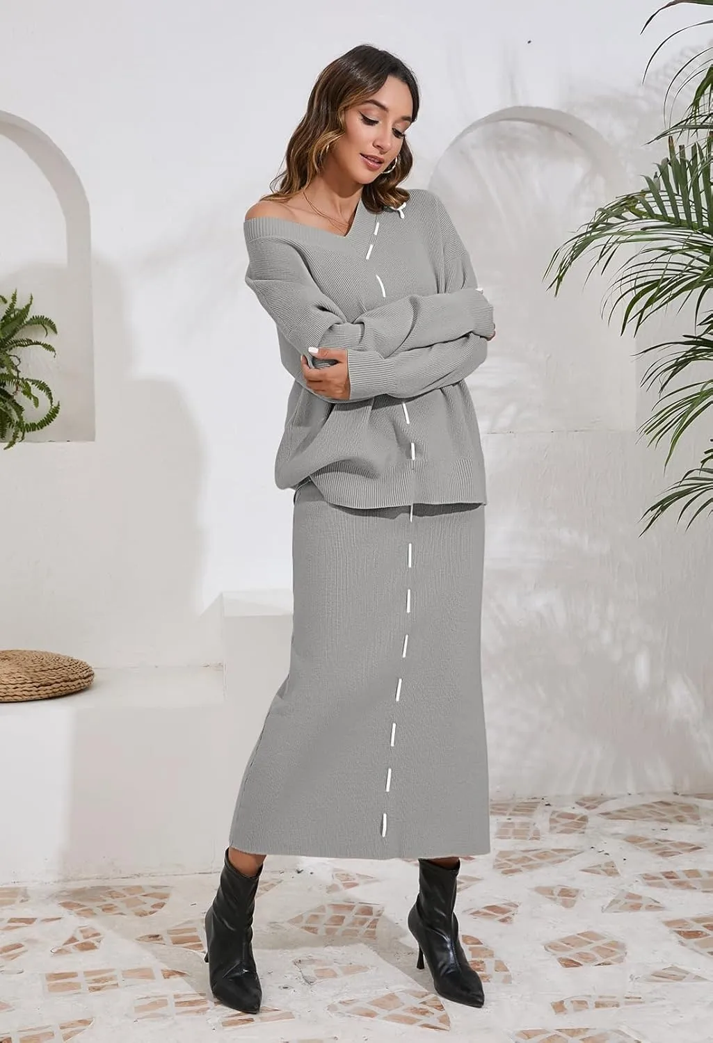 Pink Queen 2024 Women's 2 Piece Sweater Set V Neck Rib Knit Long Sleeve Maxi Bodycon Skirt Casual Outfits