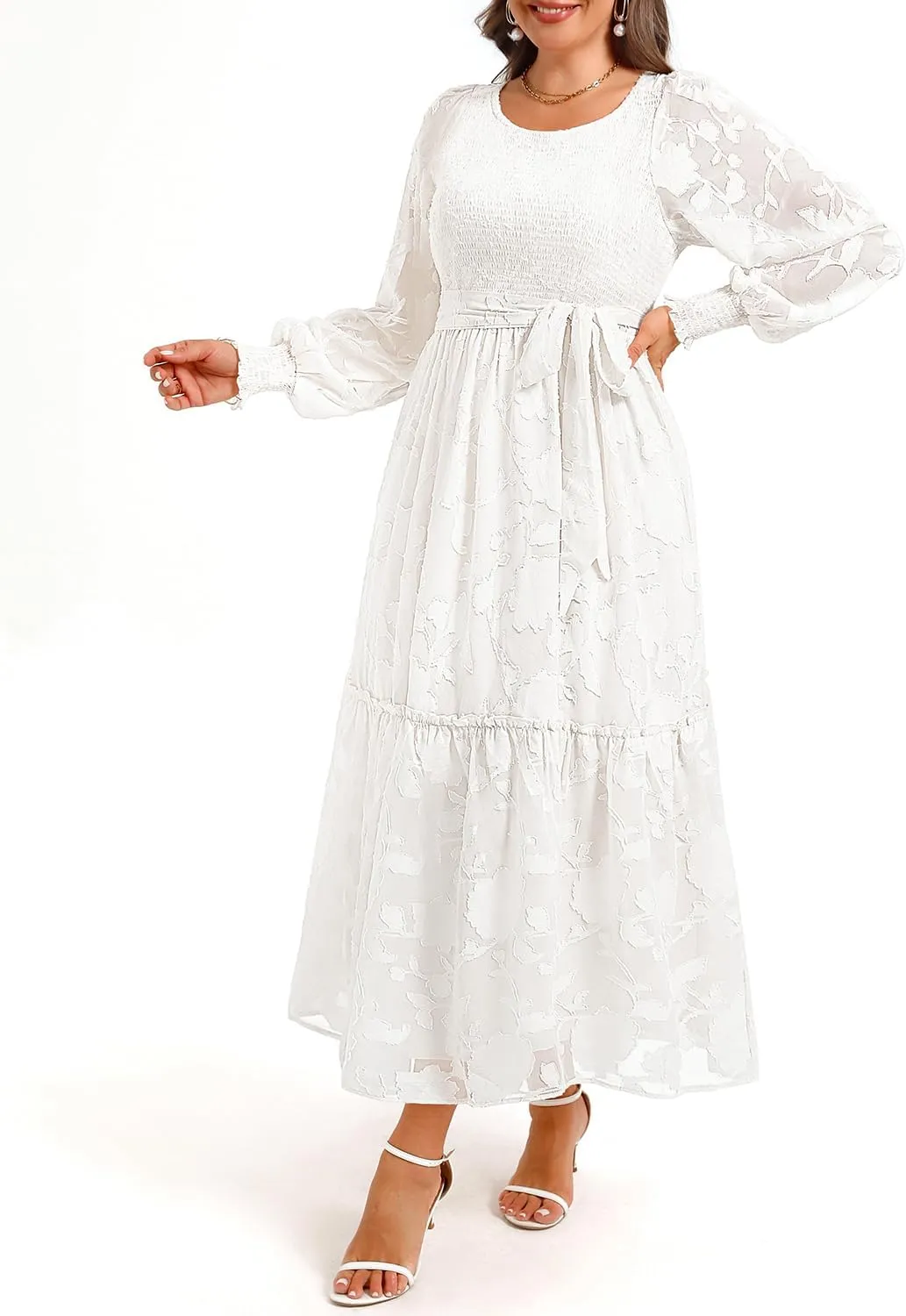Pinup Fashion Plus Size Fall Dress - 2025 Wedding Guest Long Sleeve Floral Lace Long Dress with Belt