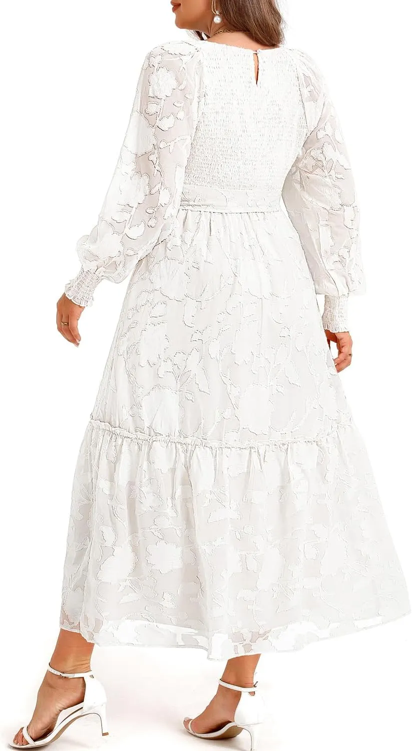 Pinup Fashion Plus Size Fall Dress - 2025 Wedding Guest Long Sleeve Floral Lace Long Dress with Belt