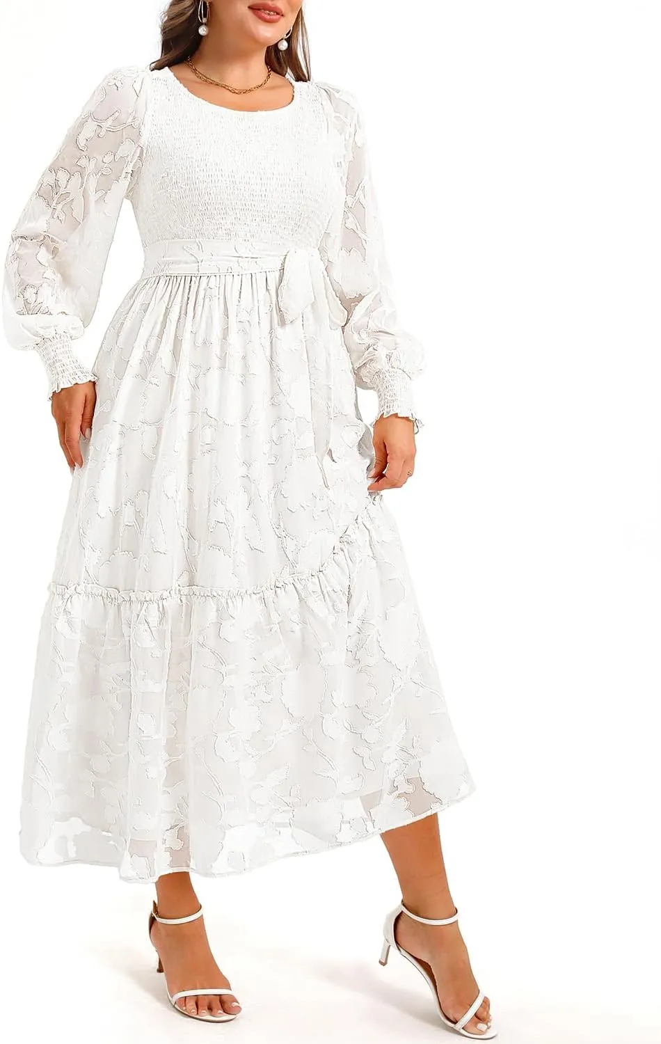 Pinup Fashion Plus Size Fall Dress - 2025 Wedding Guest Long Sleeve Floral Lace Long Dress with Belt