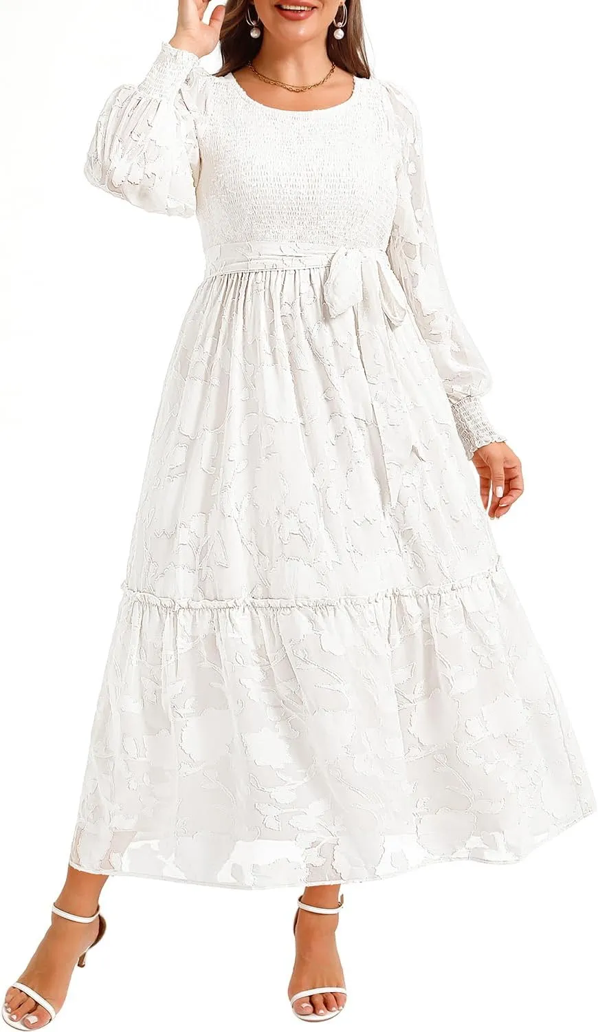 Pinup Fashion Plus Size Fall Dress - 2025 Wedding Guest Long Sleeve Floral Lace Long Dress with Belt