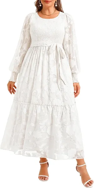Pinup Fashion Plus Size Fall Dress - 2025 Wedding Guest Long Sleeve Floral Lace Long Dress with Belt