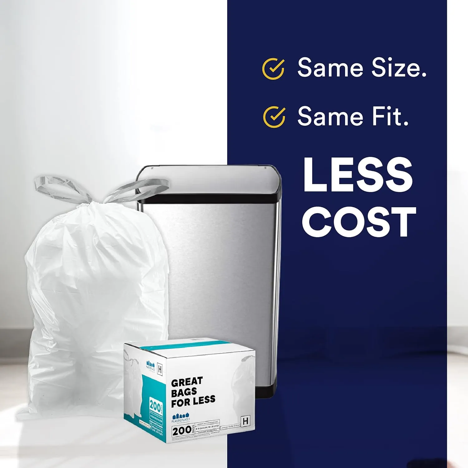 Plasticplace Custom Fit Trash Bags, Compatible with simplehuman Code G (100 Count) White Drawstring Garbage Liners 8 Gallon / 30 Liters, 17.5" x 28"
