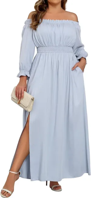 Plus Size Off Shoulder Dress Boho Long Sleeve Split Flowy A-Line Long Maxi Dresses with Pockets Photoshoot