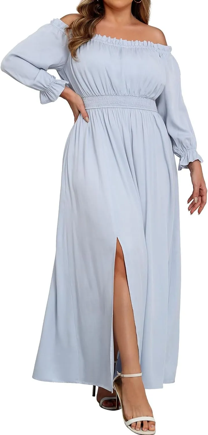 Plus Size Off Shoulder Dress Boho Long Sleeve Split Flowy A-Line Long Maxi Dresses with Pockets Photoshoot