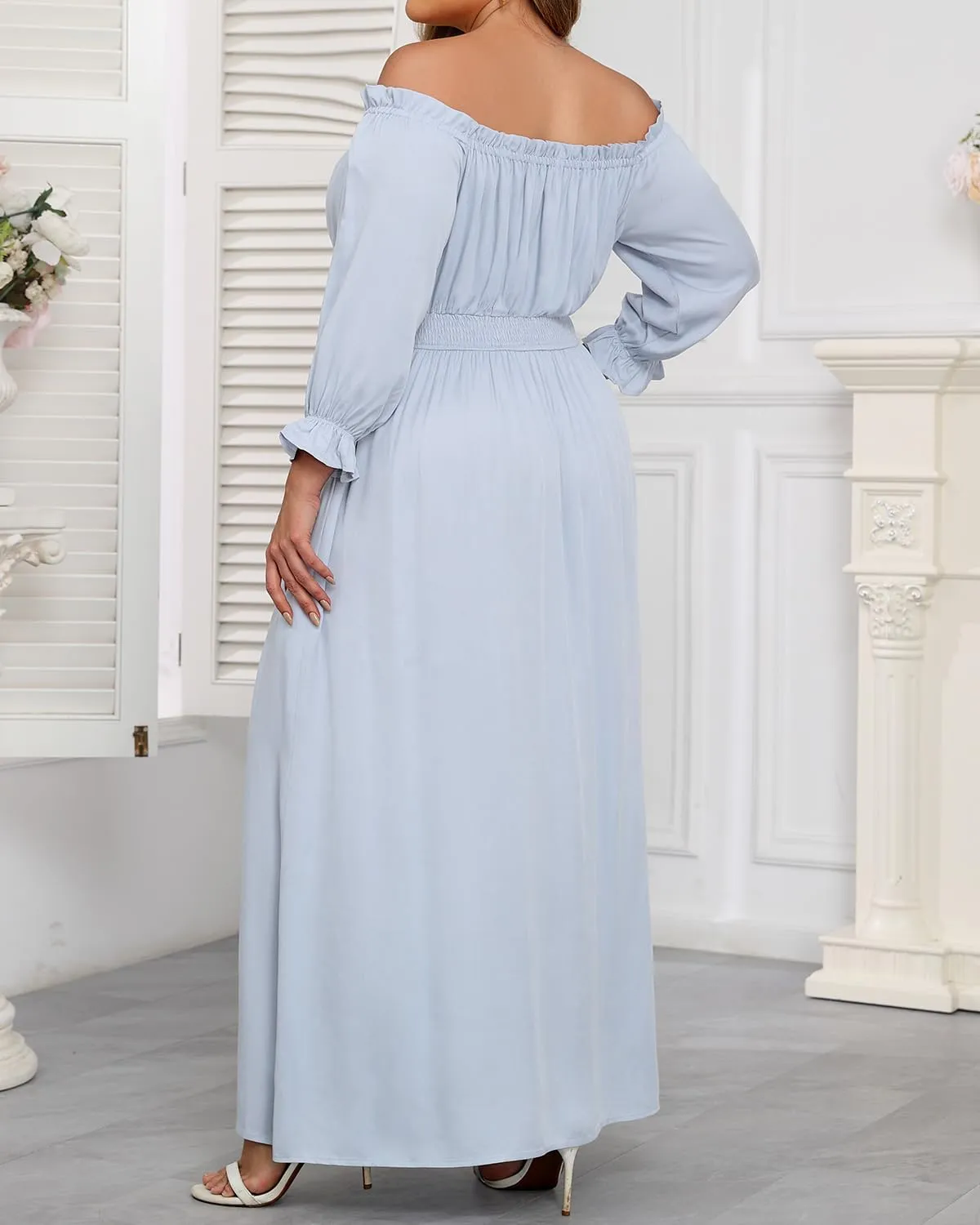 Plus Size Off Shoulder Dress Boho Long Sleeve Split Flowy A-Line Long Maxi Dresses with Pockets Photoshoot