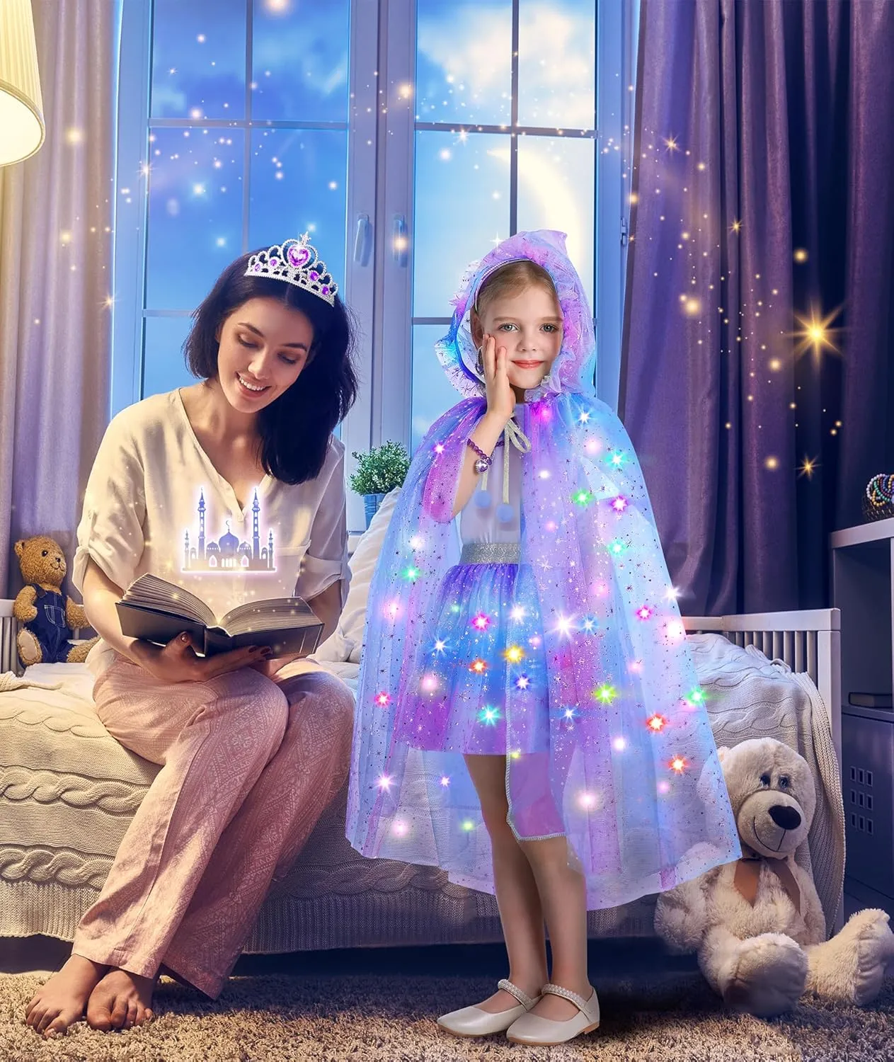 Princess Dress Up for Girls, Light up Princess Cape Princess Dress Costume Crown Wand Gifts for Toddler Girls 3 4 5 6