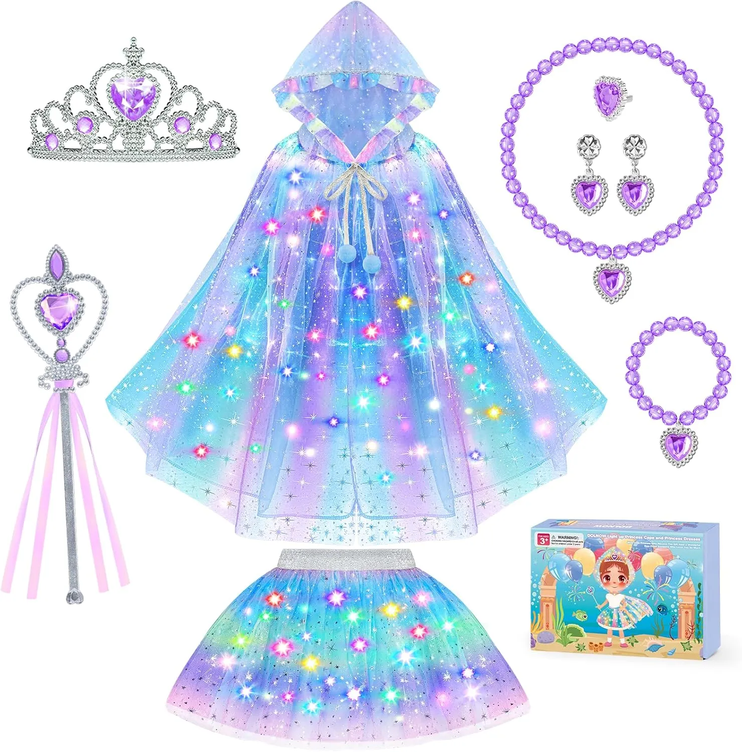 Princess Dress Up for Girls, Light up Princess Cape Princess Dress Costume Crown Wand Gifts for Toddler Girls 3 4 5 6