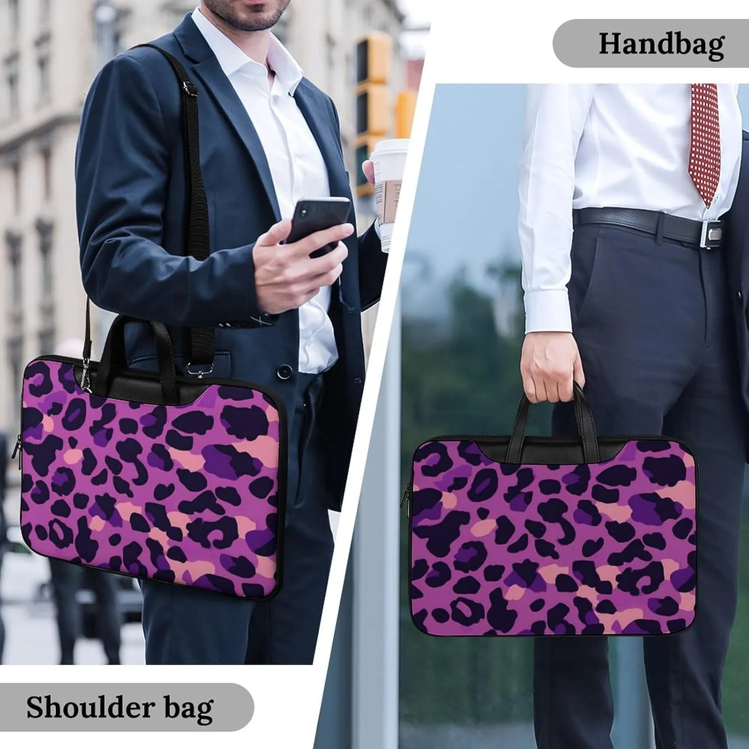 Purplepink Leopard Print Leather Bag Laptop Case Slim Water Resistant Computer Bags with Handle Briefcase for Work
