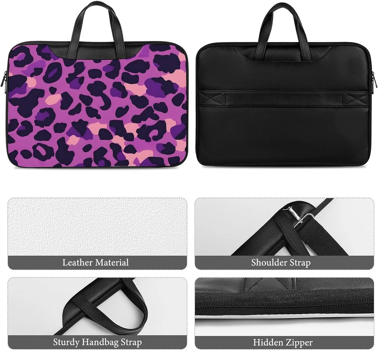 Purplepink Leopard Print Leather Bag Laptop Case Slim Water Resistant Computer Bags with Handle Briefcase for Work