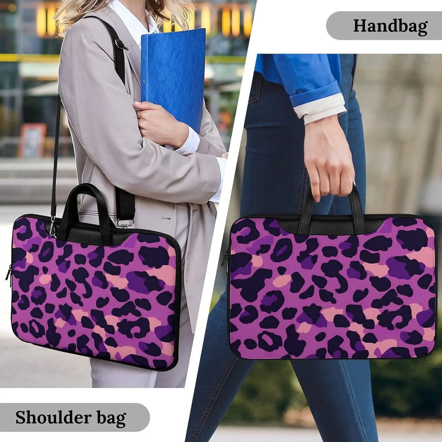 Purplepink Leopard Print Leather Bag Laptop Case Slim Water Resistant Computer Bags with Handle Briefcase for Work