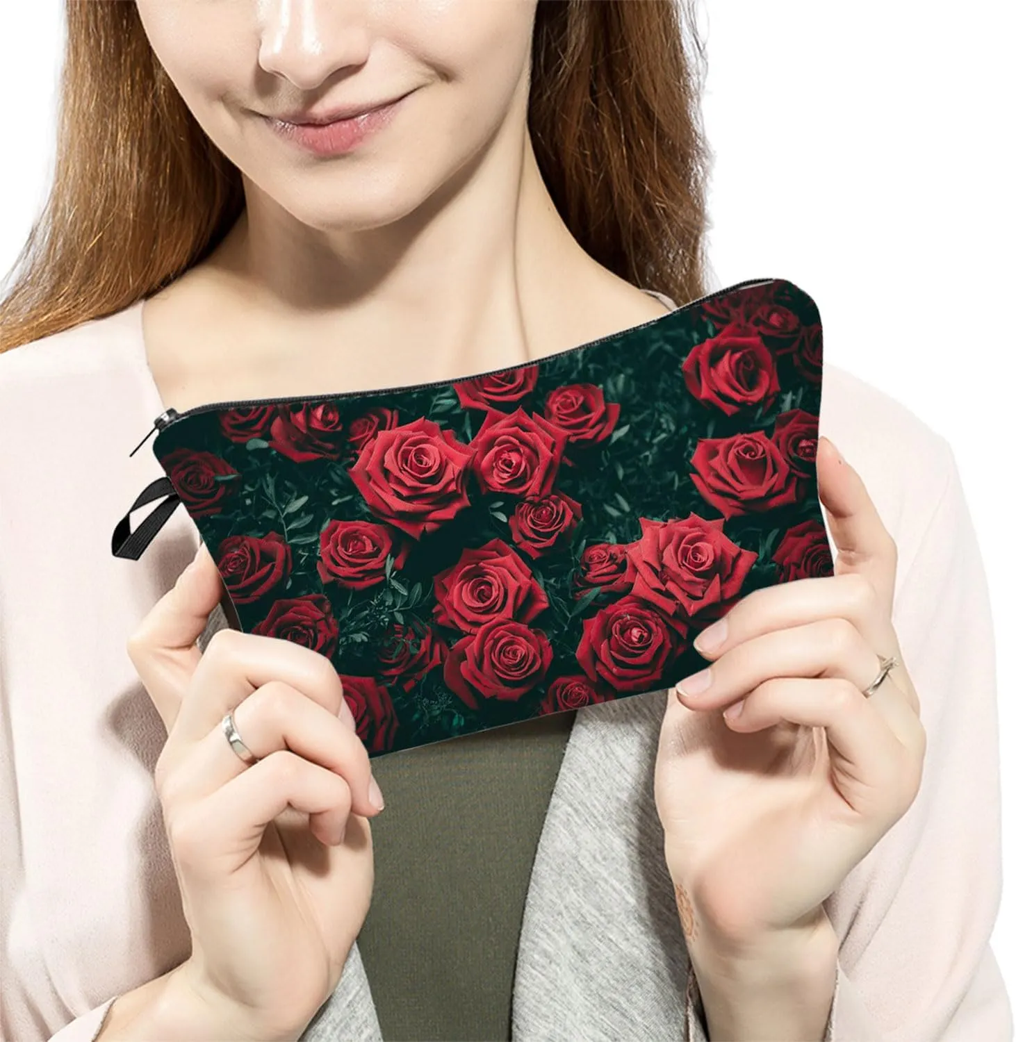 Red Rose Makeup Bag - Cute Travel Toiletry Zipper Pouch - Floral Cosmetic Bag Gift for Girls, Women, Sisters, Rose Lovers