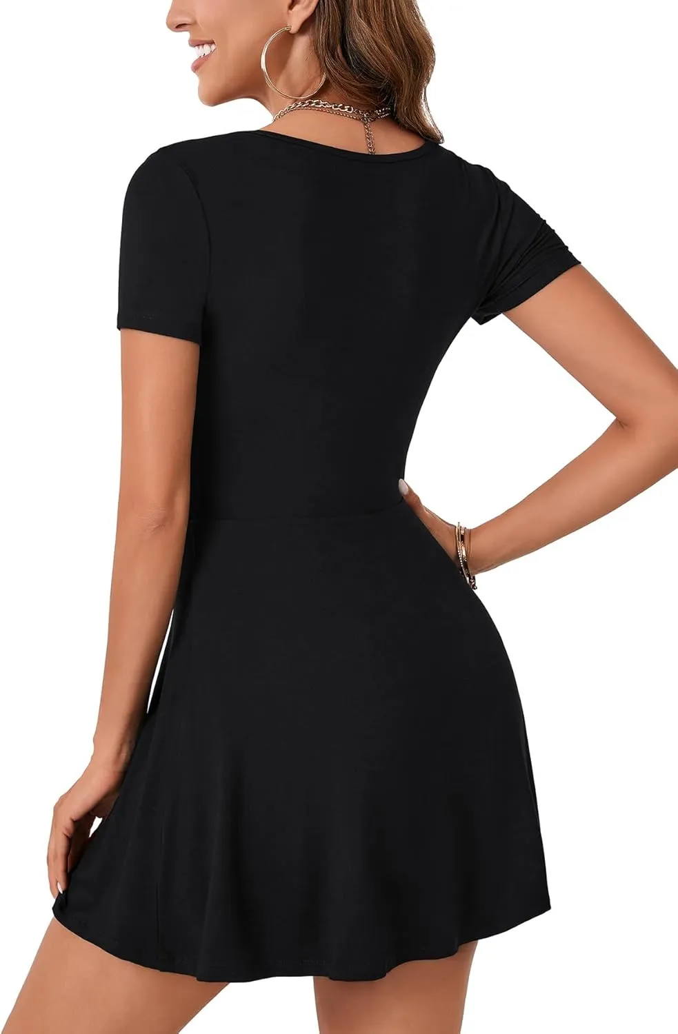 Rooscier Women's Scoop Neck Short Sleeve Ruffle Hem A Line Flare Mini Basic Romper