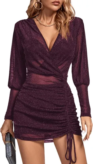 Rooscier Women's Sheer Mesh Glitter Wrap V Neck Long Sleeve Ruched Drawstring Bodycon Mini Dress