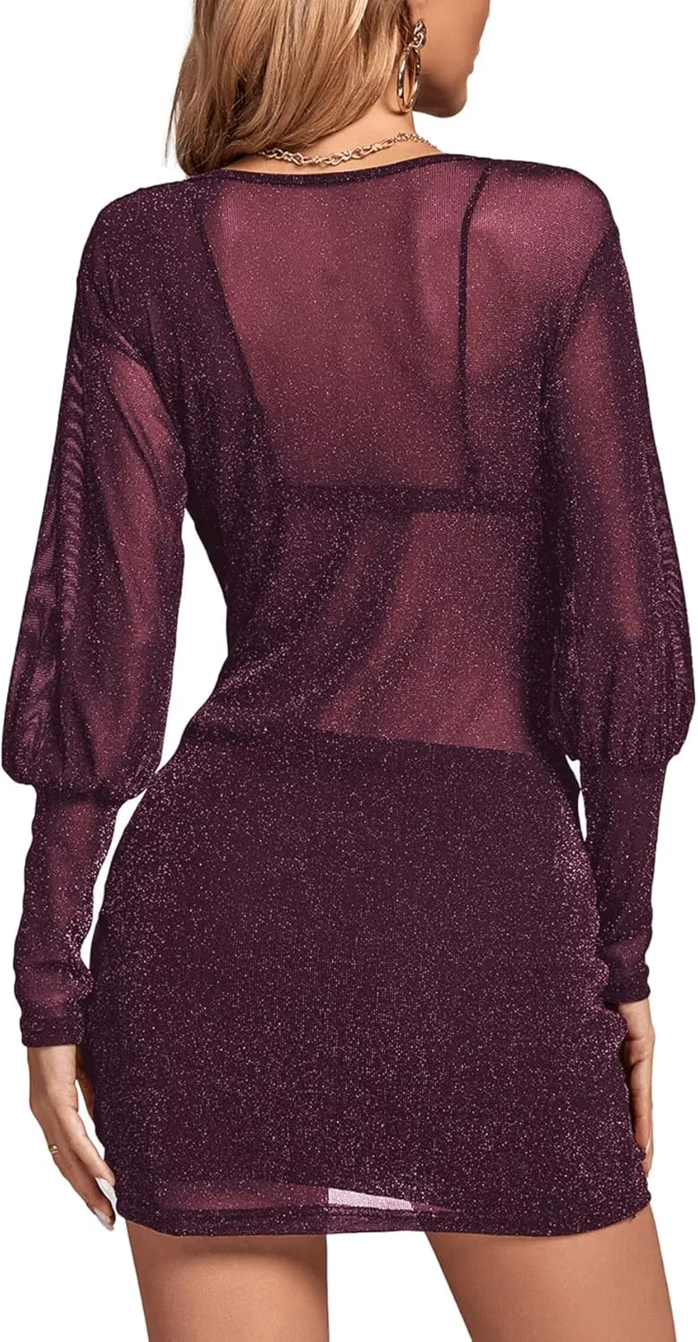 Rooscier Women's Sheer Mesh Glitter Wrap V Neck Long Sleeve Ruched Drawstring Bodycon Mini Dress