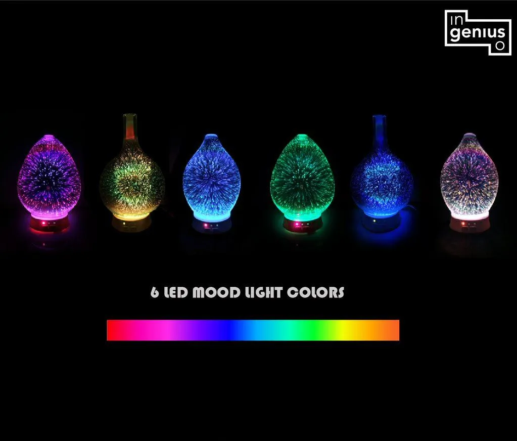 Round Bottom Flask Essential Oil Aromatherapy 6 Colorful LED Light Display Diffuser with a 3D Glass Vase Cover and a comforting Cool Mist