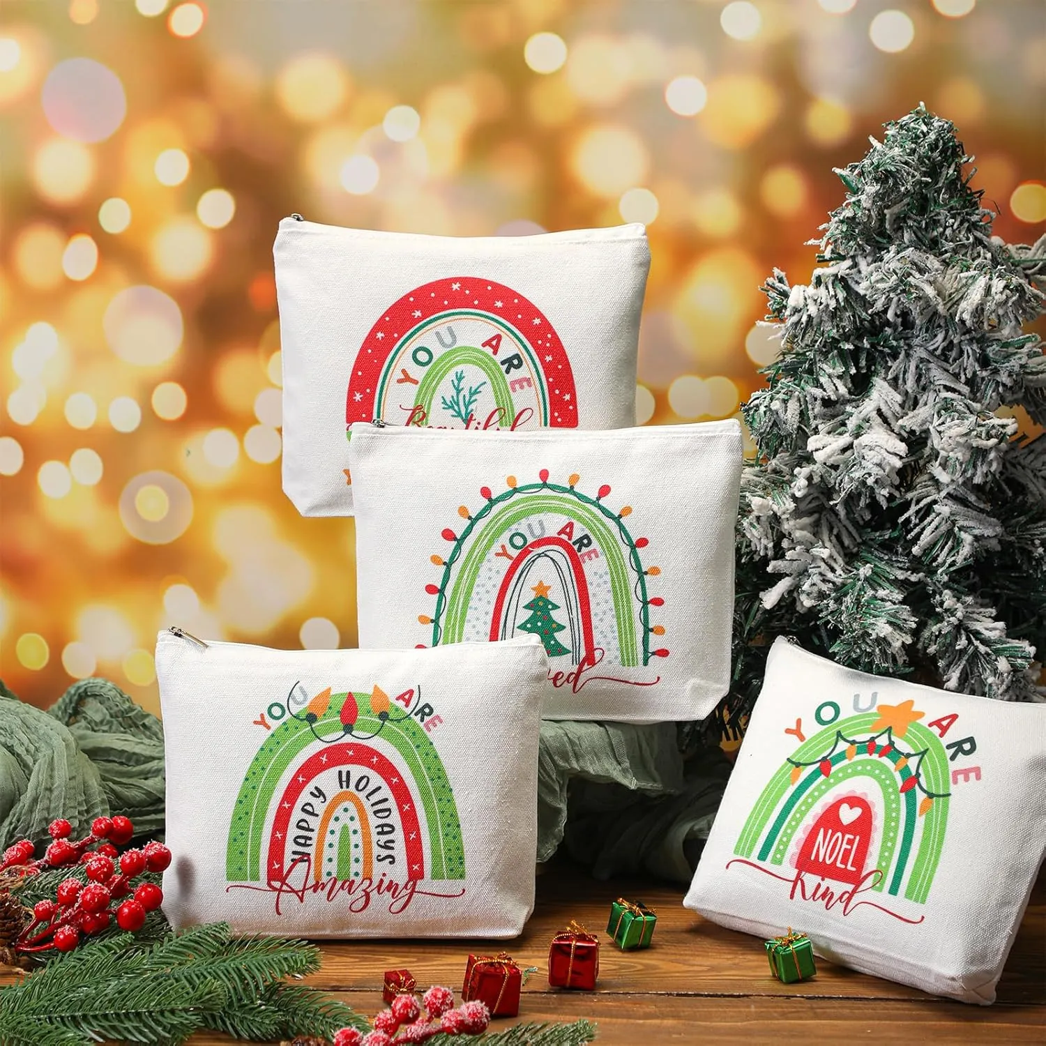 Saintrygo 4 Pcs Rainbow Cosmetic Bag Teacher Nurse Inspirational Gift Bags for Women Girls You Are Loved Beautiful Kind Makeup Bag Bulk Personalized Canvas Purse Pouch for Toiletry Travel