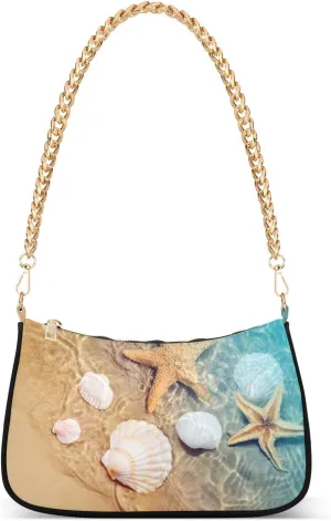 Seashell Starfish Shoulder Handbags for Women Travel Hobo Tote Handbag Women Gold Chain Shoulder Bags Purse with Zipper Closure