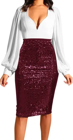 Sequin Skirt for Women, Sparkly Skirts, Sexy Glitter High Waist Casual Midi Skirt Bodycon for Holiday/Party/Business