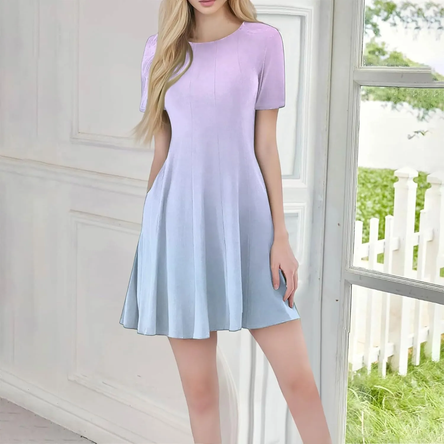 Sexy Summer Dresses, Modest Prom Dress for Women Mini Short Sleeve Empire Waist Round Neck Flowy Dresses with Pockets