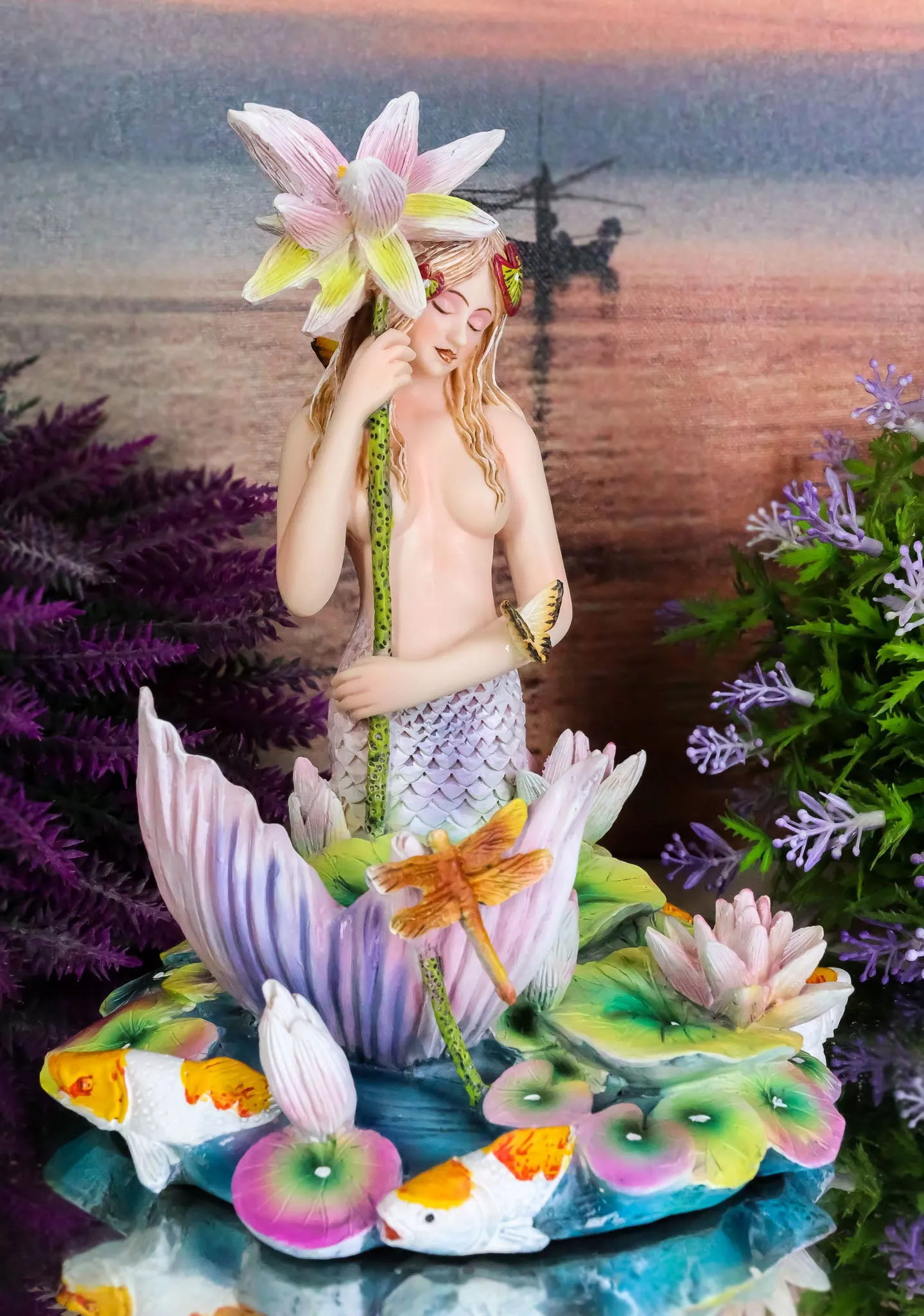 Sheila Wolk Rainbow Pool Mermaid By Butterfly Dragonfly And Koi Fishes Statue