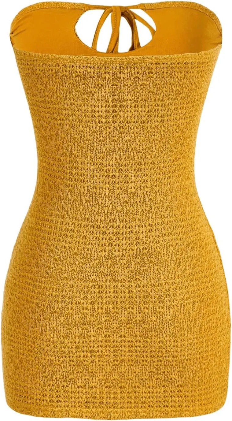 SHENHE Women's Strapless Tie Front Cut Out Backless Tube Dress Bodycon Mini Dress