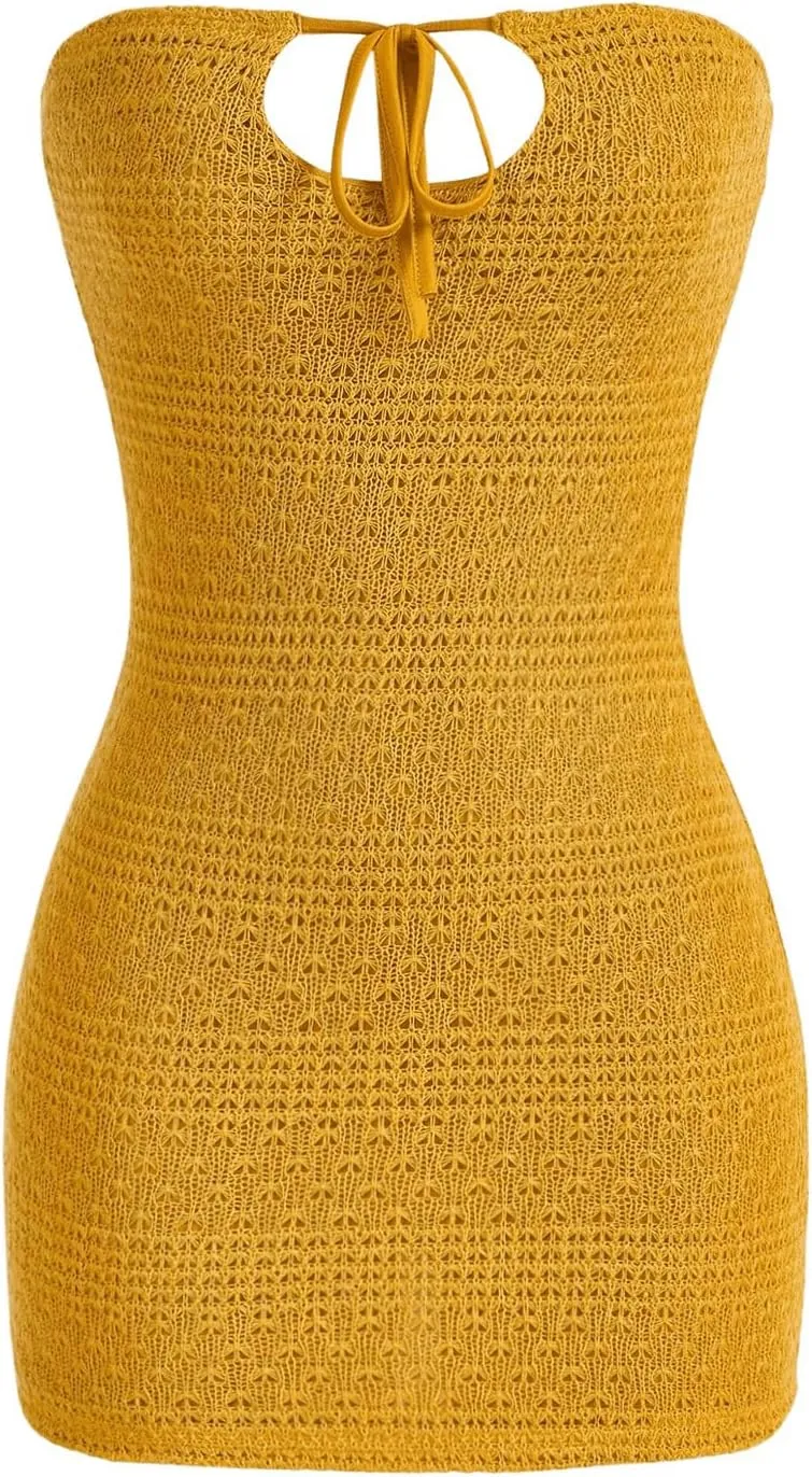 SHENHE Women's Strapless Tie Front Cut Out Backless Tube Dress Bodycon Mini Dress