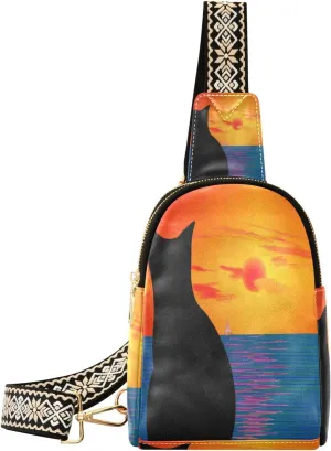 Small Sling Bag Waist Packs Leather Crossbody Packs Chest Bag Cat and Landscape for Women Travel Belt Purse