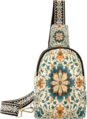 Small Sling Bag Waist Packs Leather Crossbody Packs Chest Bag Floral Bohemia for Women Travel Belt Purse