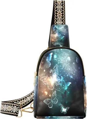 Small Sling Bag Waist Packs Leather Crossbody Packs Chest Bag Fluorescent Butterfly for Women Travel Belt Purse