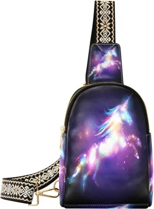 Small Sling Bag Waist Packs Leather Crossbody Packs Chest Bag Magic Unicorn for Women Travel Belt Purse