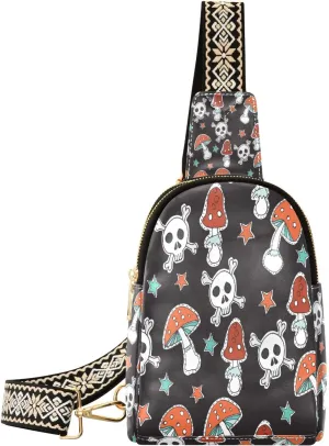 Small Sling Bag Waist Packs Leather Crossbody Packs Chest Bag Mushroom Skull for Women Travel Belt Purse