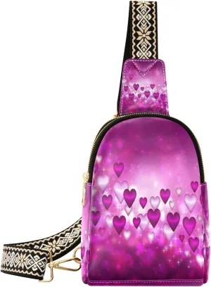 Small Sling Bag Waist Packs Leather Crossbody Packs Chest Bag Purple Hearts for Women Travel Belt Purse