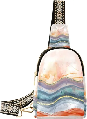 Small Sling Bag Waist Packs Leather Crossbody Packs Chest Bag Rainbow Marble for Women Travel Belt Purse