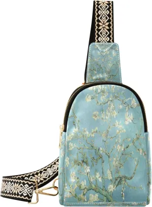 Small Sling Bag Waist Packs Leather Crossbody Packs Chest Bag Van Gogh Almond Blossom for Women Travel Belt Purse