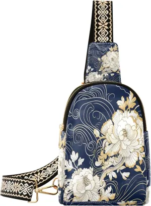 Small Sling Bag Waist Packs Leather Crossbody Packs Chest Bag White Flower for Women Travel Belt Purse