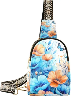 Small Sling Bag Waist Packs Leather Crossbody Packs Chest Bag Yellow Blue Flower for Women Travel Belt Purse